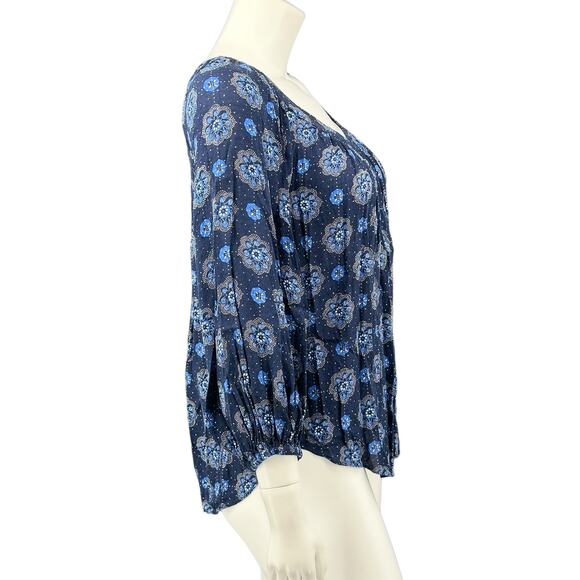 Maeve Anthropologie Top Womens 2 Blue Boswell Dark Floral V-Neck Peasant Boho - Picture 3 of 9